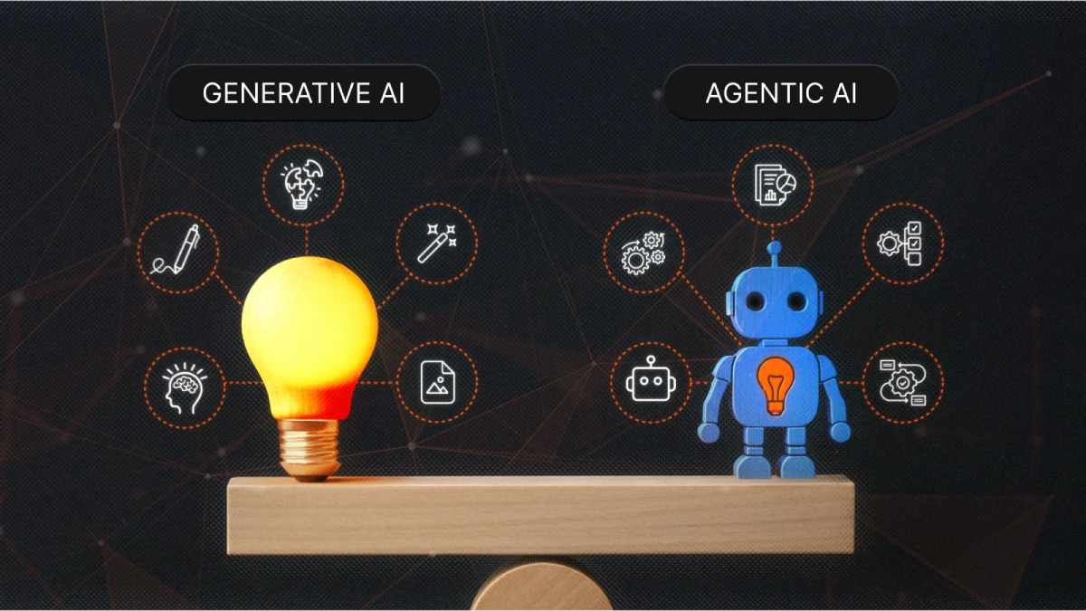 Infographic comparing features and enterprise use cases of Gen AI vs Agentic AI