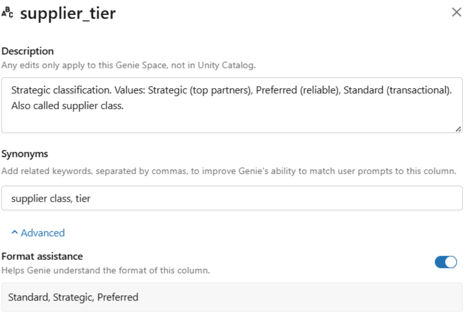 Databricks Genie space architecture showing data modeling, metadata engineering, and benchmarking workflow