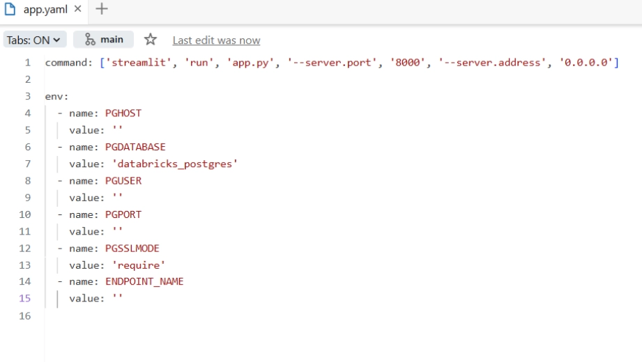 Configure app.yaml with Lakebase connection details, PGHOST, and ENDPOINT_NAME.