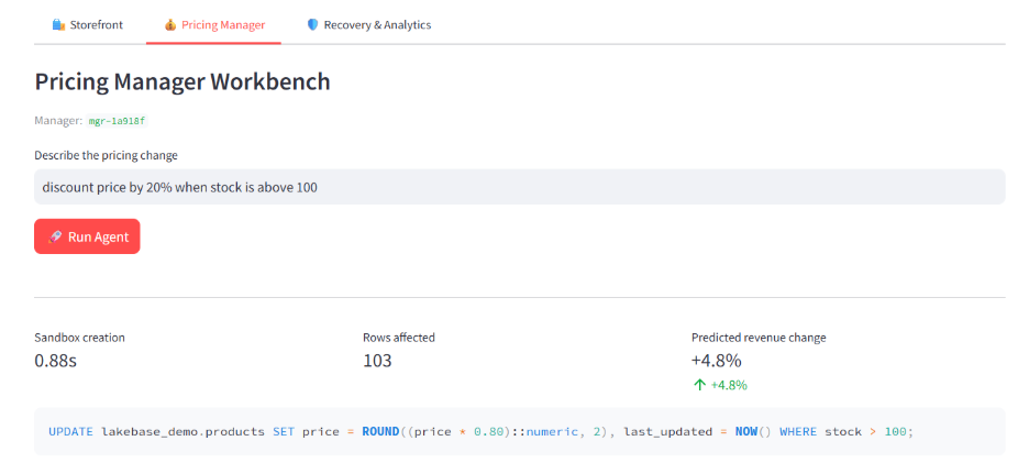 Building a safe AI pricing agent on Lakebase: branching, OLTP, and Model Serving in one stack